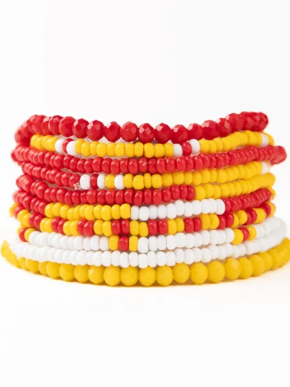 New in package Hand beaded 10 bracelet stack red yellow white Seed beads chiefs